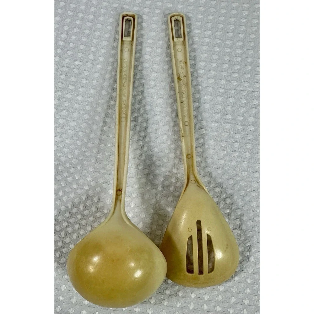 Vintage EKCO Nylon Ladle & Slotted Spoon Set‎ Lemon Floral Handle 1970s Kitchen